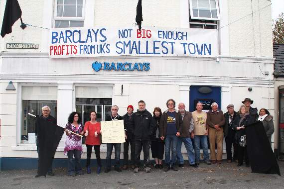 Protest banner hung from bank