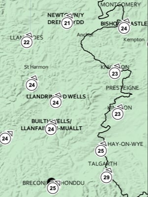 Predicted wind direction and speed in mph across Powys this Friday, February 18 (Met Office).