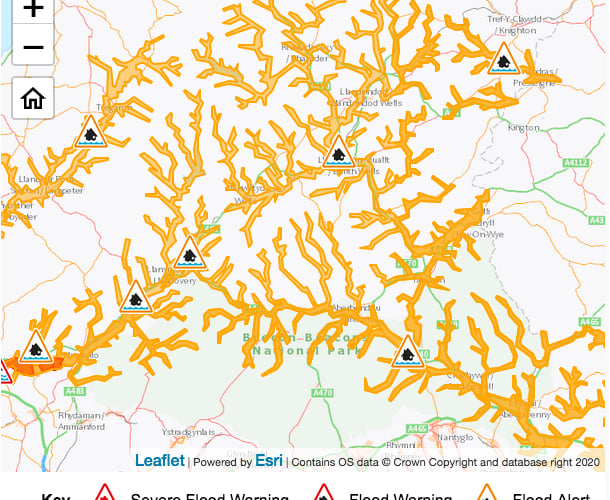 Flood alerts for Powys 21/02/2022