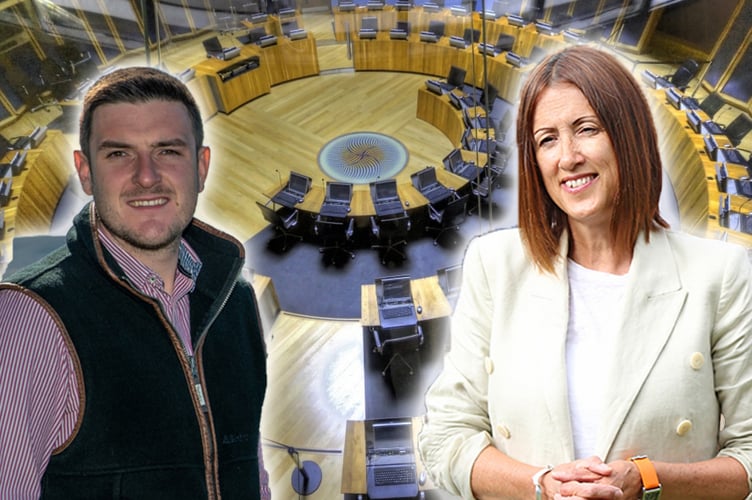 MS James Evans and MS Jane Dodds inset over a photo of the inside of the Senedd