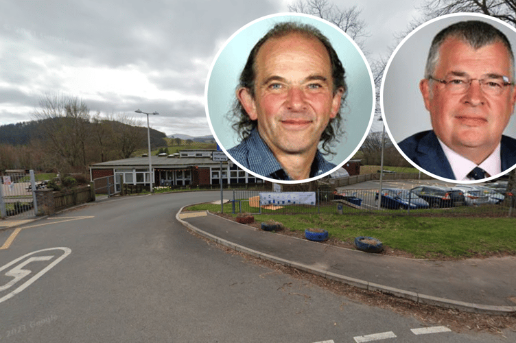 Cllr Pete Roberts and Cllr Iain McIntosh, behind is Cradoc Primary School