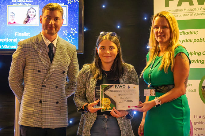 Lowri Bayliss Exceptional Young Person winner with Clair Swales, PAVO CEO, and Jamie Burt, PAVO Chair of Trustees.