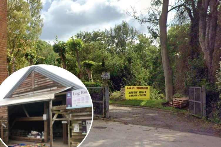 Entrance to Arrow Mills garden centre, Kington (from Google Street View) and inset, the shed that would be repurposed (from application)