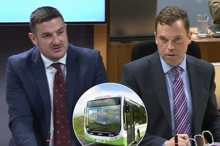 James Evans MS (left) pushes for a bus service linking Trecastle and Llandovery, while Ken Skates MS (right) responds to transport concerns in the Senedd