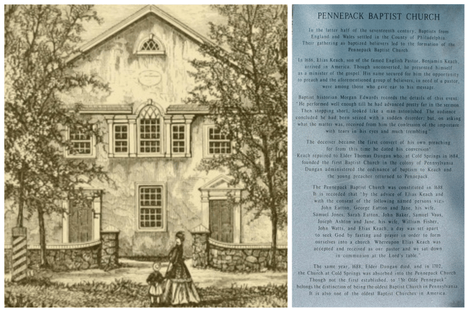 [Left] an early drawing of Pennepack Baptist Church, [right] the plaque acknowledging the Eaton's family involvement with the church's creation (misspelt Eatton)