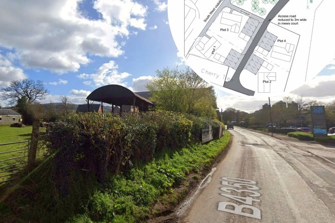 The farm buildings to be demolished at the Cusop site (from Google Street View) and inset, indicative plan of the proposed four-home scheme (AJN, from application)