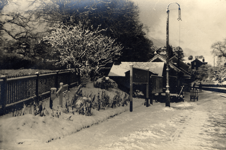 Tal y Llyn station covered in snow in February 1955