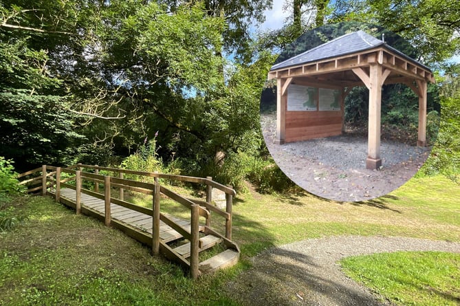 One of the new paths created at the Offa’s Dyke Park in Knighton. Inset is the wooden shelter with interpretation panels which has been built close by