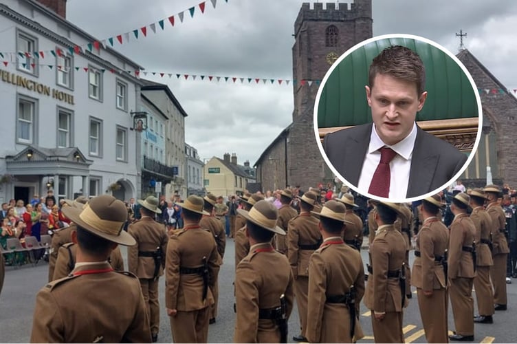 The Gurkha Parade in the centre of Brecon. Inset is MP David Chadwick speaking in the House of Commons