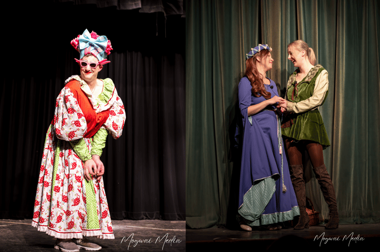 Left is Dame Trott (Keith Fielding) and right is Princess Rose (Emma Coates) and Jack (Edie Leafe)