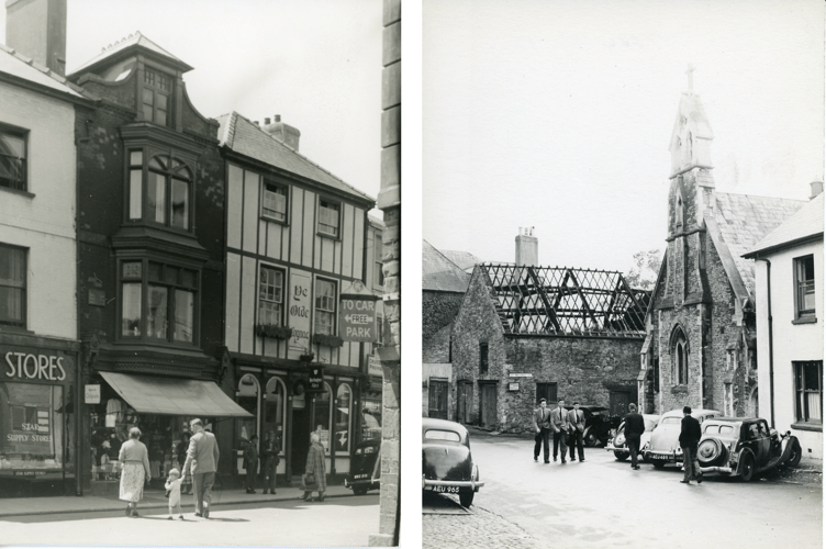 Left is Brecon's High Street and right is St Michael's Catholic Church, from Wheat Street