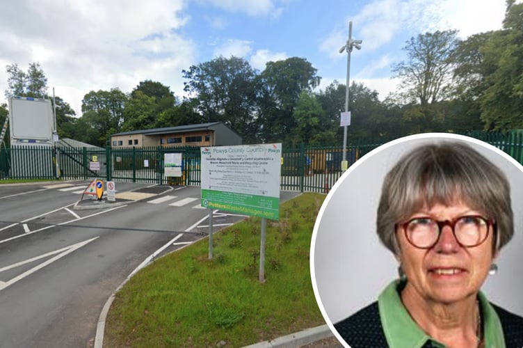 The entrance to Brecon Household Waste Recycling Centre. Inset is Cllr Jackie Charlton