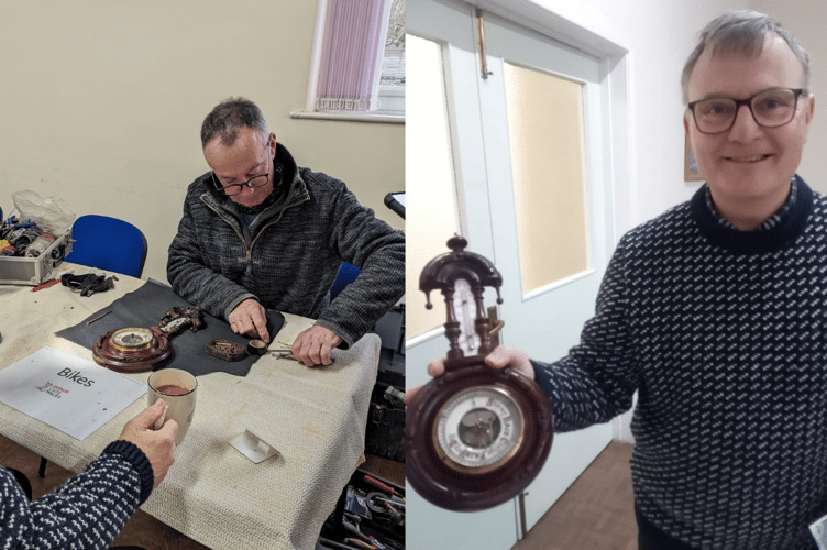 The barometer repair in progress. Bill Bartholomew looking happy with his fixed barometer