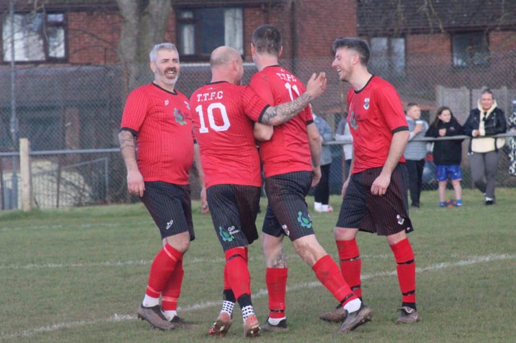 Talgarth Town celebrating Rob McNamara's goal