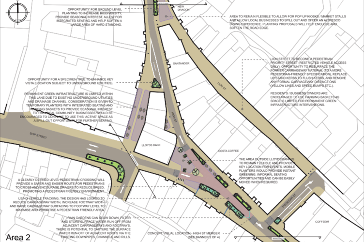 Drawn up plans for High Street and Lion Street in Brecon Town Centre.