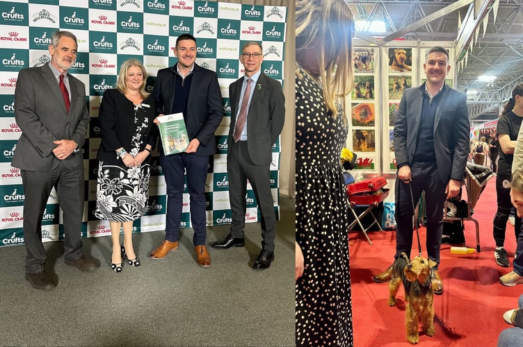 Left is James Evans meeting with The Kennel Club and right is Mr Evans with a Welsh Terrier